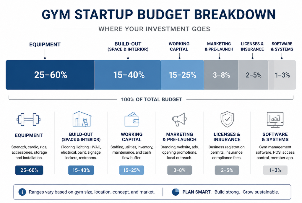 Gym startup cost breakdown by budget category